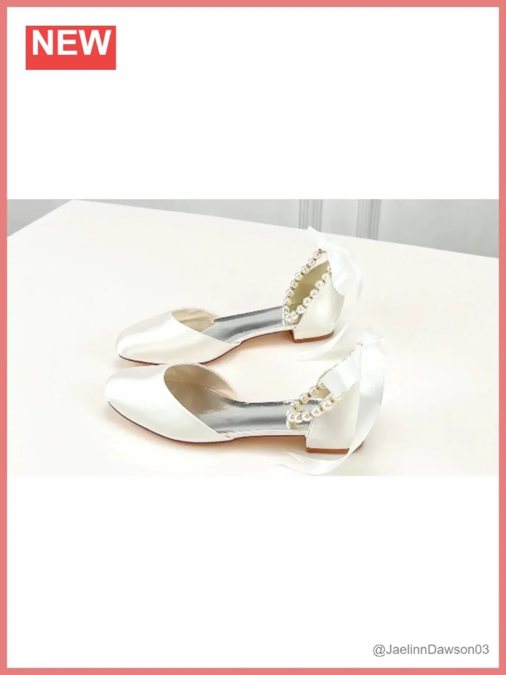 Satin Wedding Flats with Pearl Ankle Strap and Ribbon Tie, Low Heel Dress Shoes